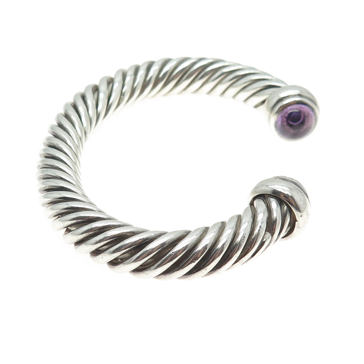 925 Sterling Silver Vintage Amethyst Gem Twisted Cuff Heavy Bracelet 6.75"