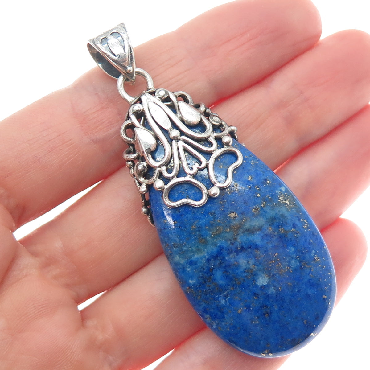 DOUG PAULUS 925 Sterling Silver Vintage Real Lapis Heart Ornate Teardrop Pendant