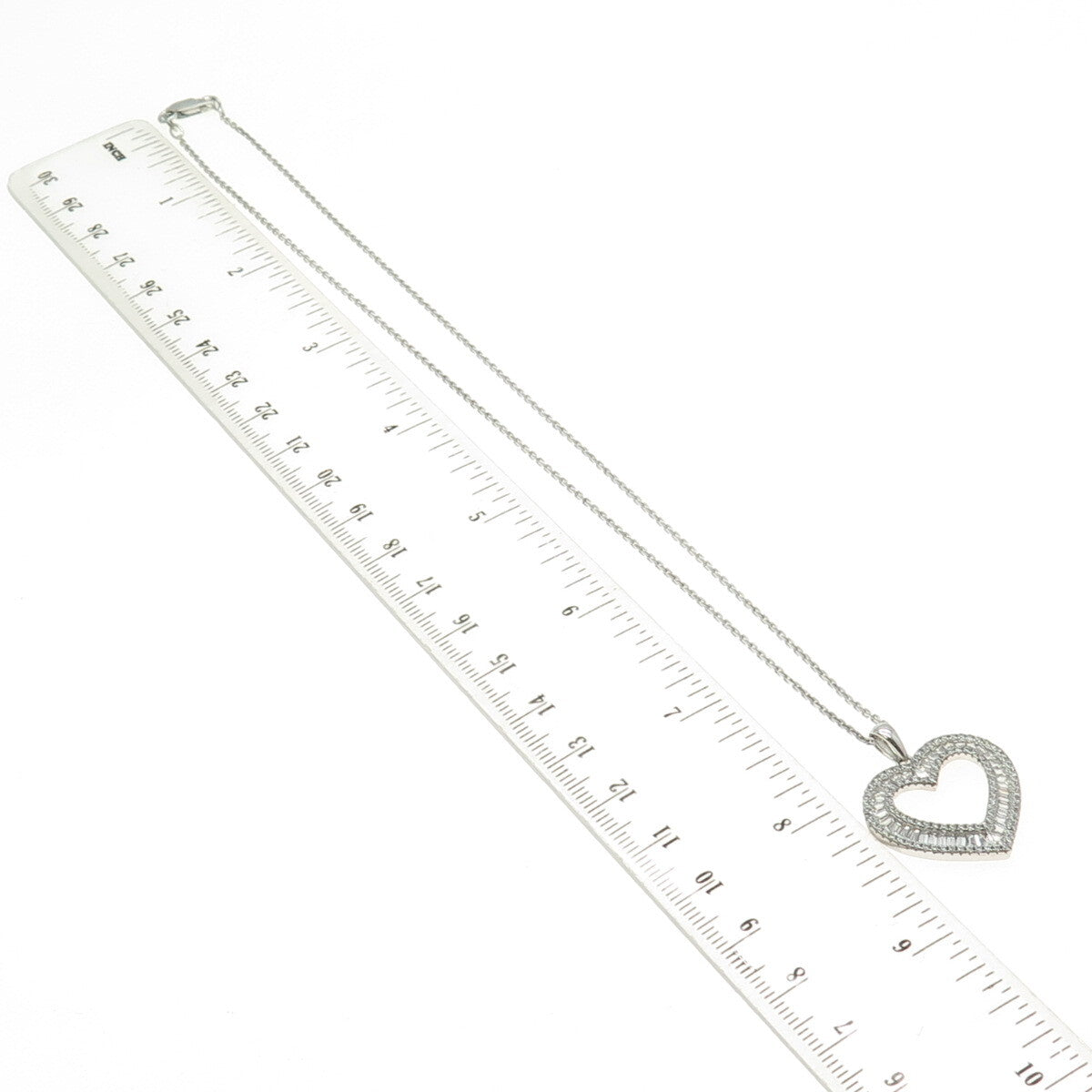 925 Sterling Silver Tapered Baguette & Round C Z Heart Cable Chain Necklace 16"