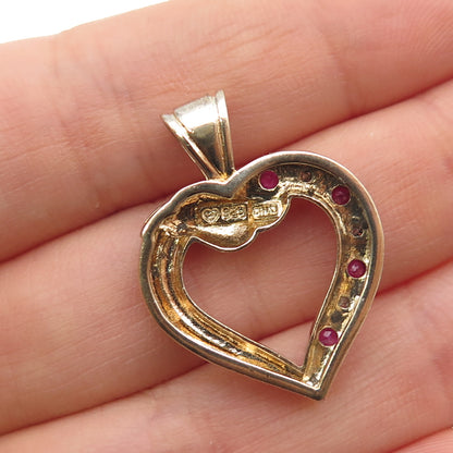 925 Sterling Silver Gold Plated Vintage Real Diamond & Ruby Heart Charm Pendant