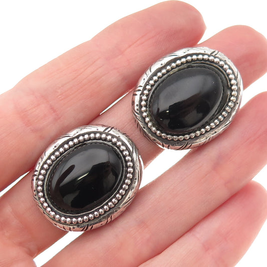 NR NANCY & RISE 925 Sterling Silver Vintage Real Black Onyx Clip On Earrings