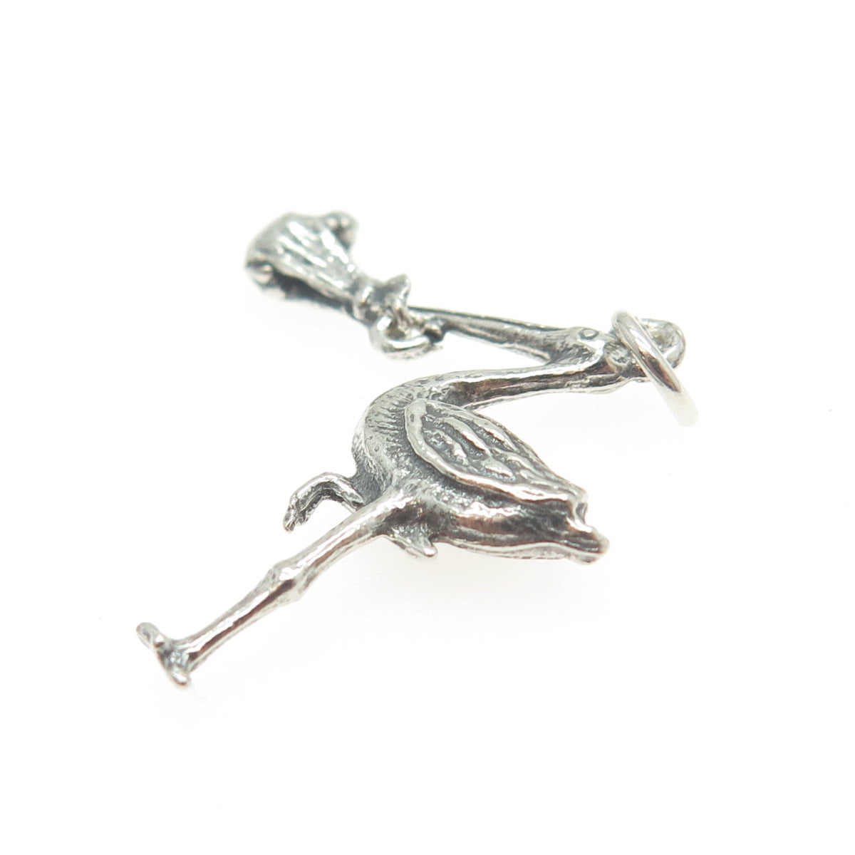 925 Sterling Silver Vintage Stork Carrying a Baby 3D Pendant