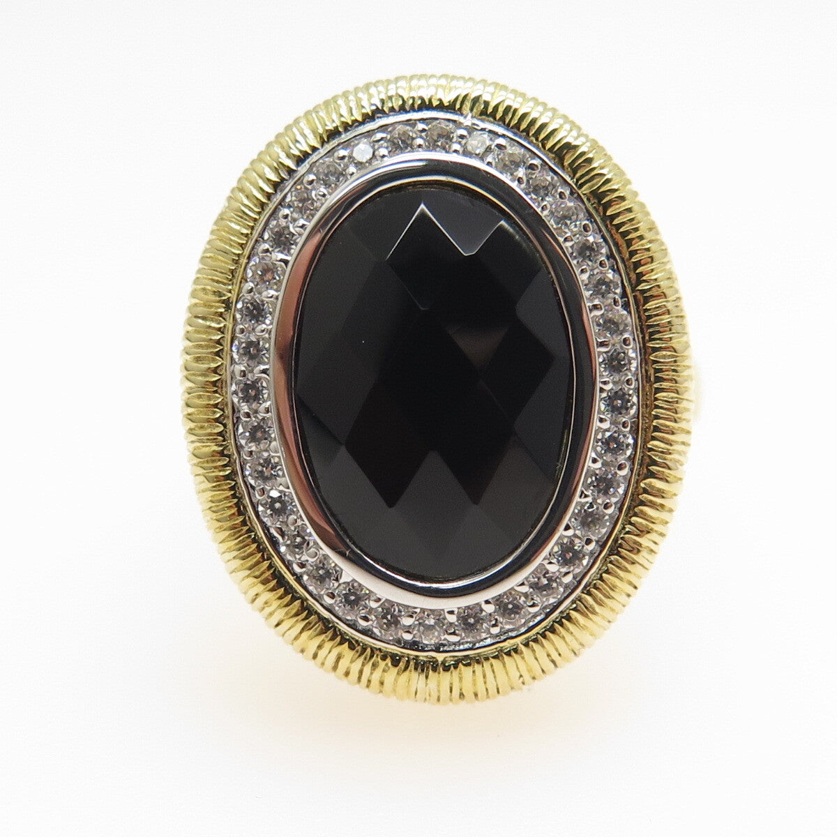 FADI 925 Sterling Silver 2-Tone Real Black Onyx & C Z Ring Size 7