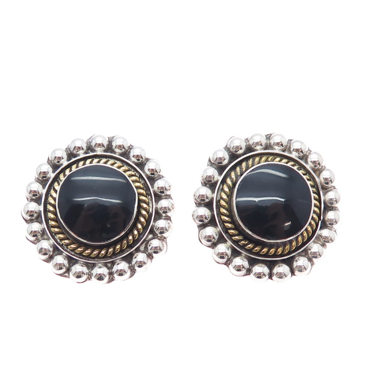 925 Sterling 2-Tone Vintage Mexico Black Onyx Beaded Oxidized Clip On Earrings