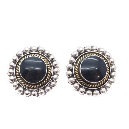 925 Sterling 2-Tone Vintage Mexico Black Onyx Beaded Oxidized Clip On Earrings