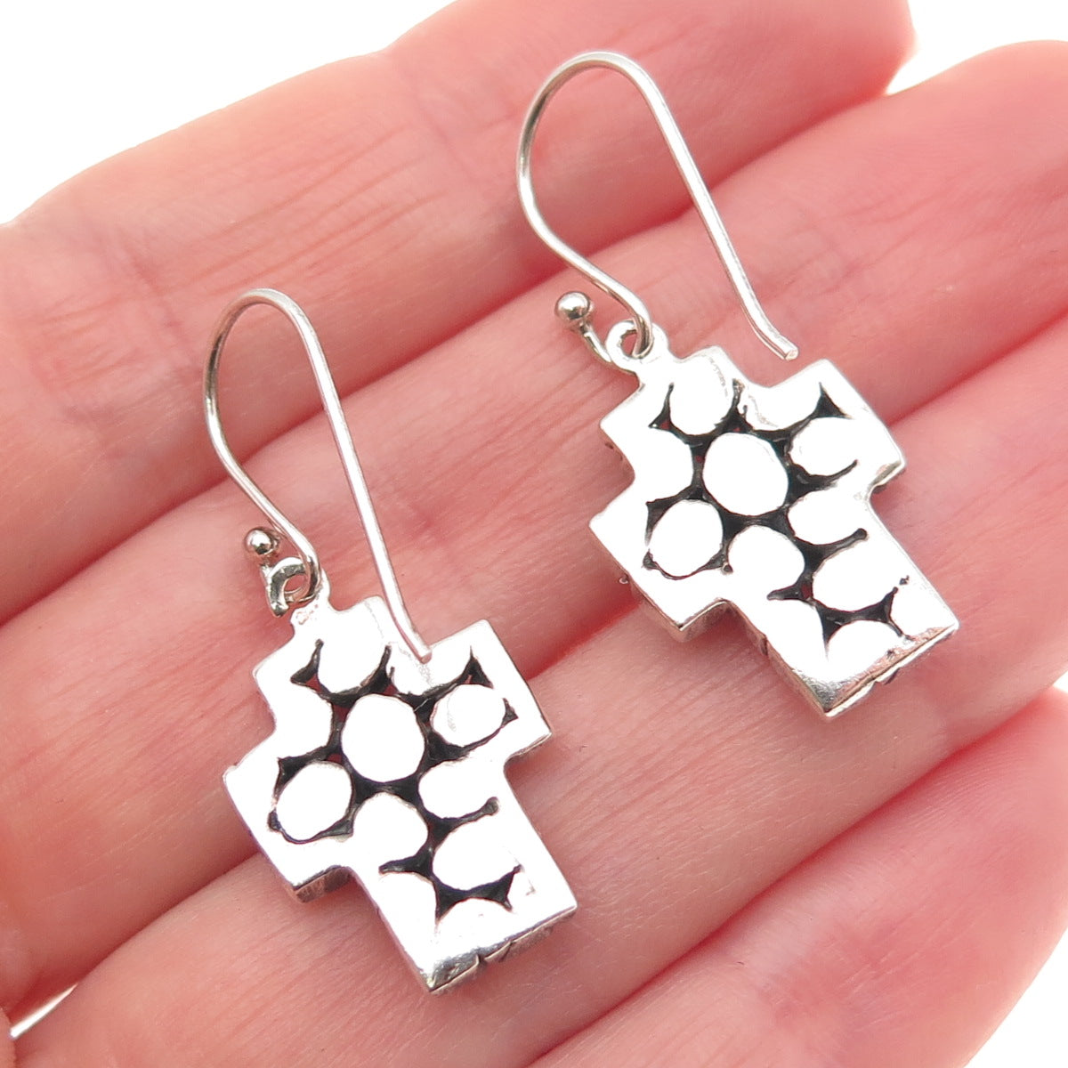 925 Sterling Silver Vintage Kali Dotted Cross Dangle Earrings