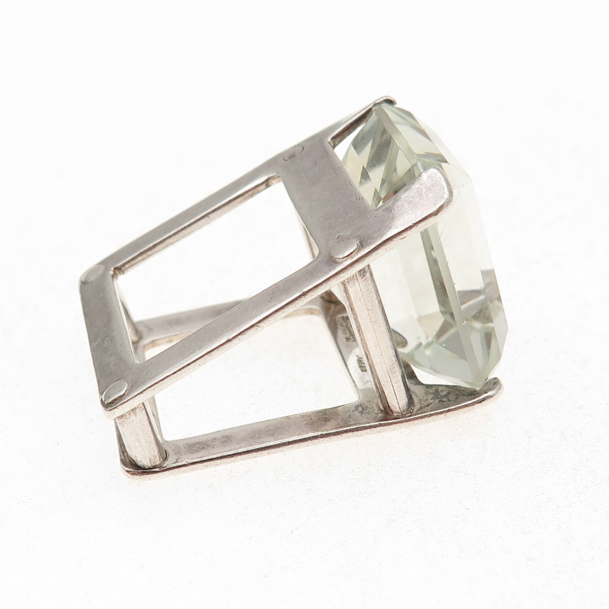 925 Sterling Silver Vintage Mexico Real Quartz Modernist Oxidized Ring Size 6