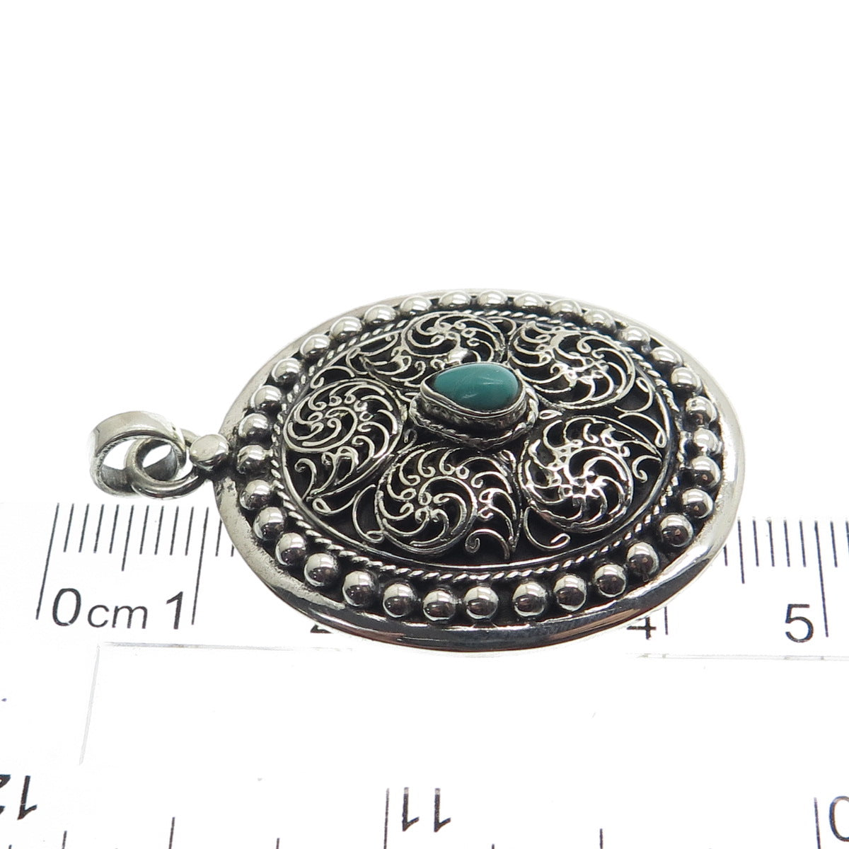 925 Sterling Silver Vintage Real Turquoise Gemstone Beaded Ornate Pendant