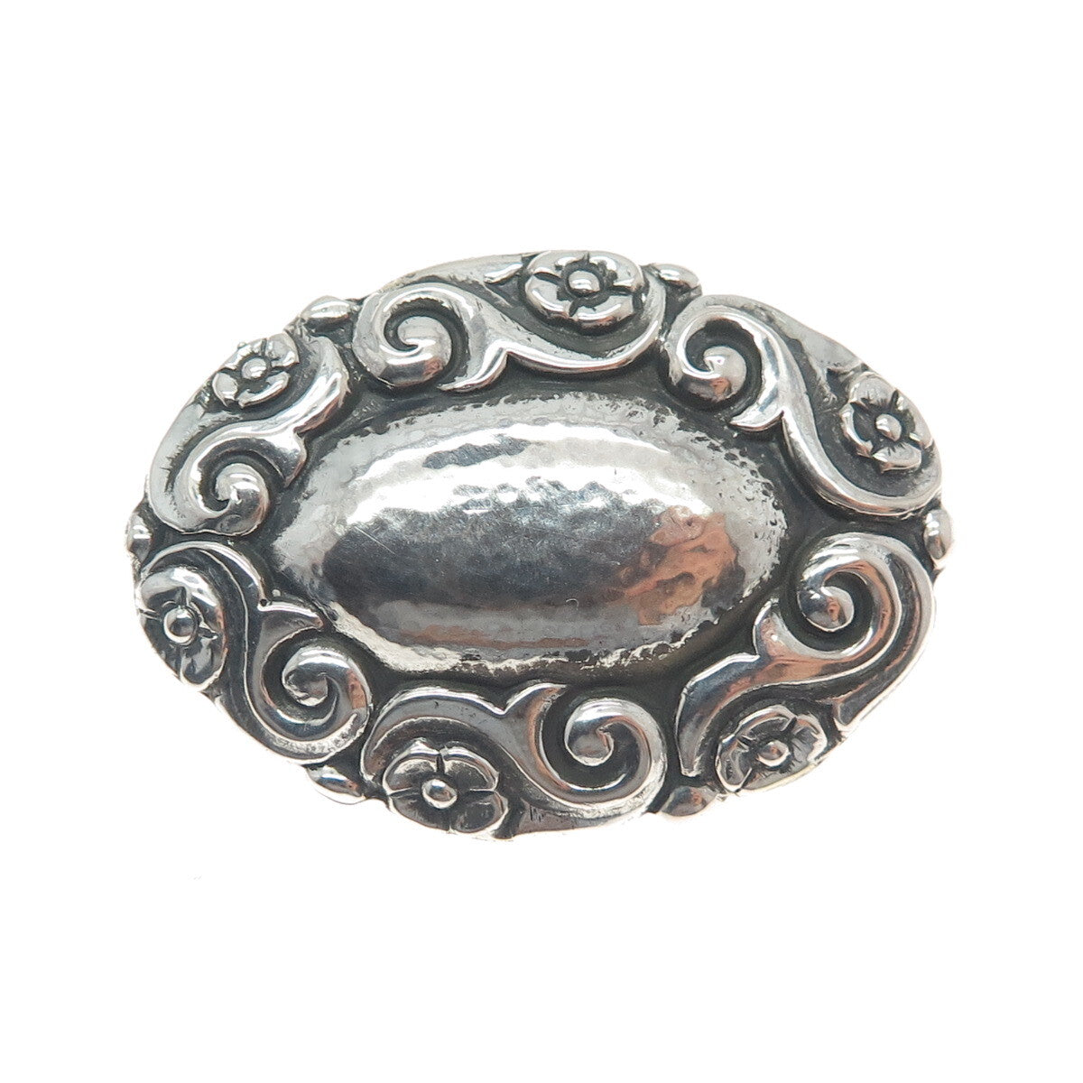 800 Silver Antique Art Deco Forget Me Knot Flower Oxidized Pin Brooch