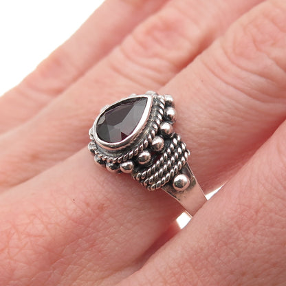 925 Sterling Silver Vintage Real Red Garnet Beaded Oxidized Ring Size 9