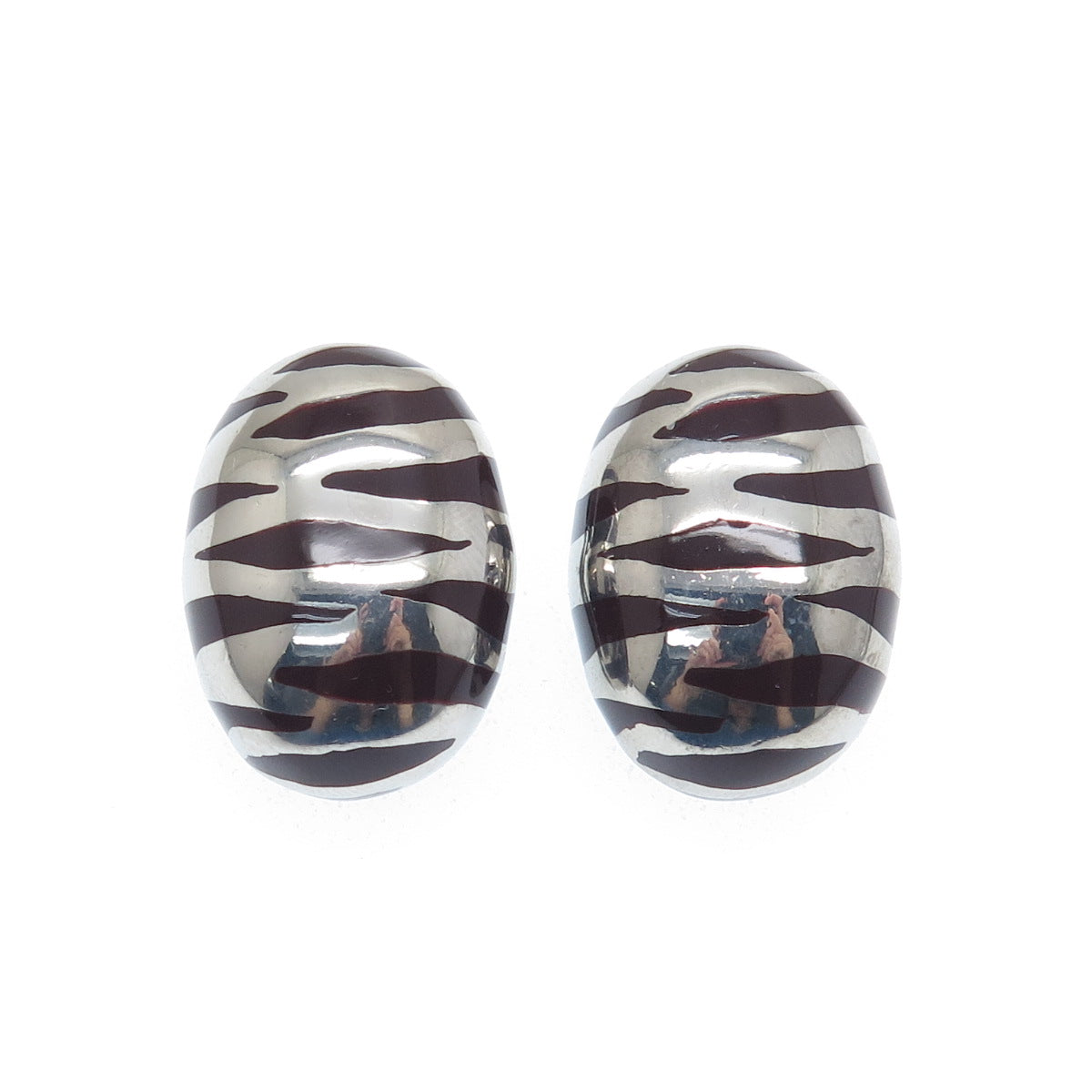 925 Sterling Silver Vintage Italy Enamel Zebra Pattern Clip On Earrings