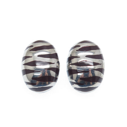 925 Sterling Silver Vintage Italy Enamel Zebra Pattern Clip On Earrings