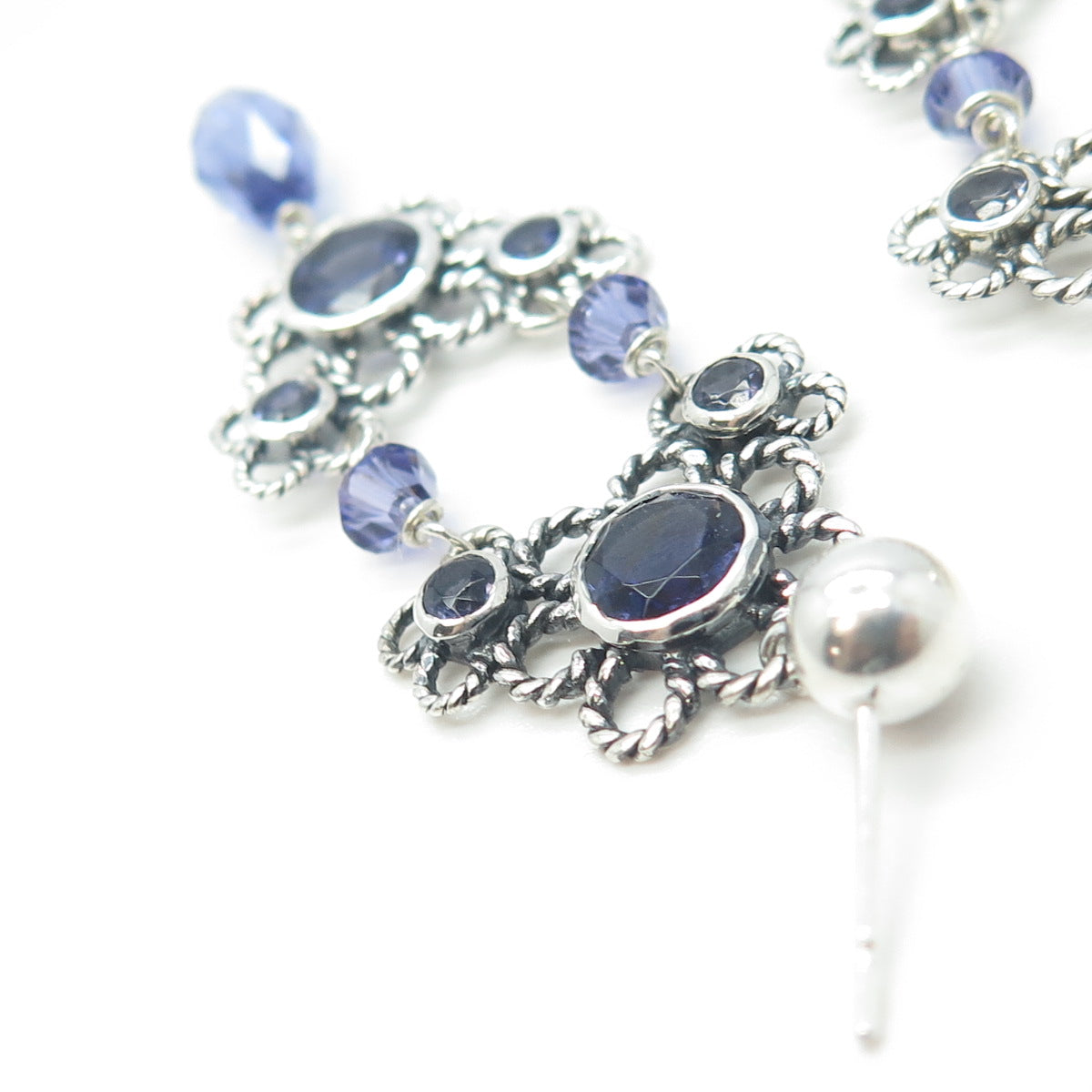 925 Sterling Silver Vintage Real Iolite & Crystal Floral Dangling Earrings