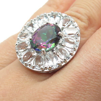925 Sterling Silver Real Oval-Cut Mystic & White Topaz Ring Size 6.25