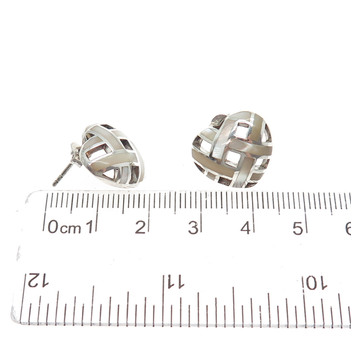 925 Sterling Silver Vintage Real MOP Woven Heart Stud Earrings