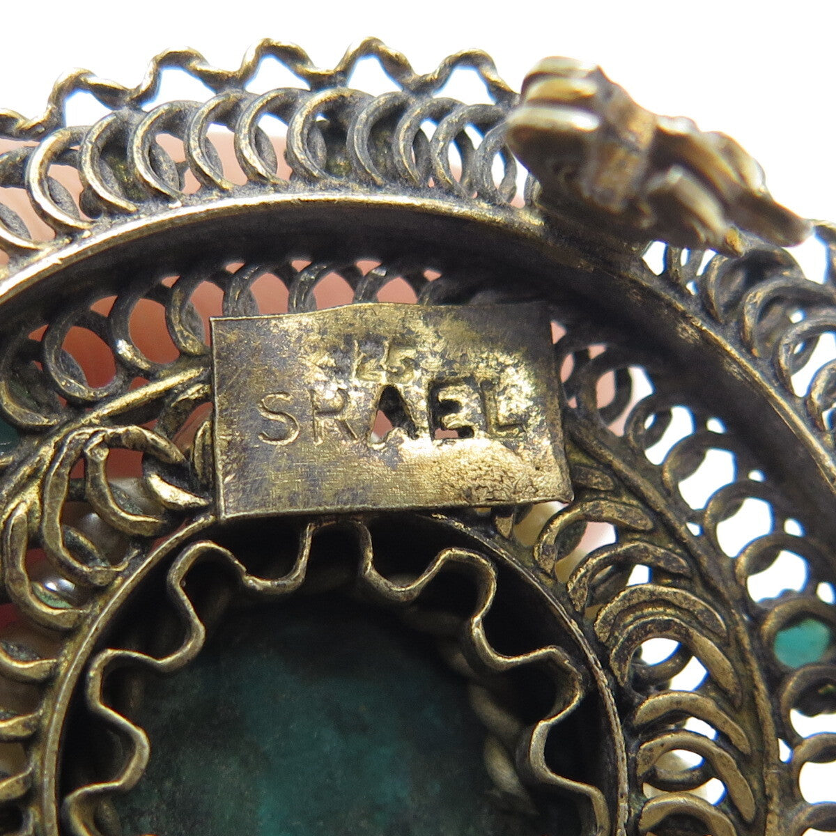 925 Sterling Gold Plated Vintage Israel Faux Pearl & Turquoise Eilat Pin Pendant