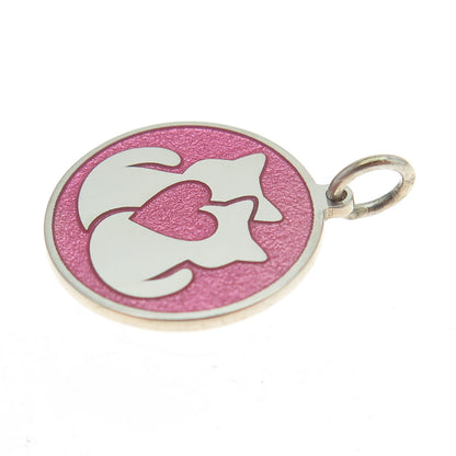 925 Sterling Silver Pink Enamel Cat Love Round Tag Minimalist Charm Pendant