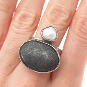 ECHO OF THE DREAMER 925 Sterling Vintage Real Pearl & River Stone Ring Size 8.75