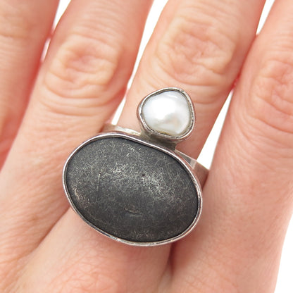 ECHO OF THE DREAMER 925 Sterling Vintage Real Pearl & River Stone Ring Size 8.75