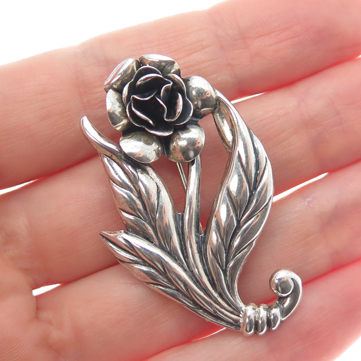 DANECRAFT 925 Sterling Silver Vintage Rose Flower Oxidized Pin Brooch
