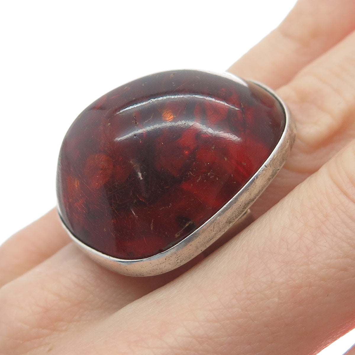 925 Sterling Silver Vintage LA Poland Real Amber Modernist Domed Ring Size 8