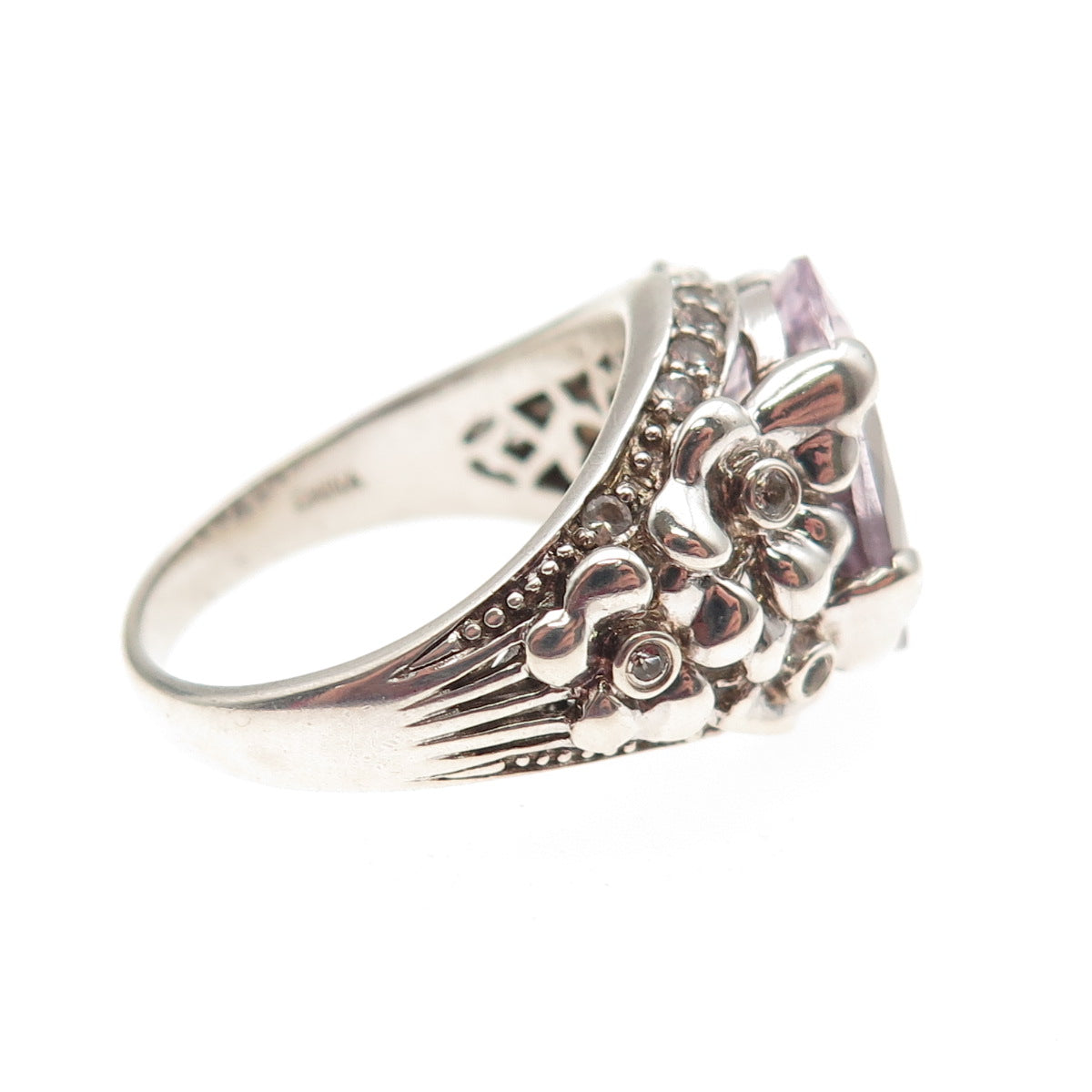 925 Sterling Silver Vintage Real Amethyst & White Topaz Modernist Ring Size 8