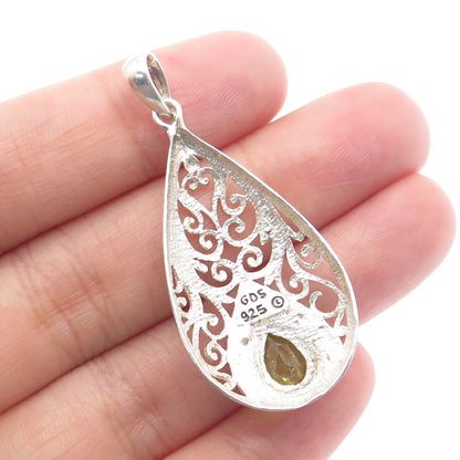 925 Sterling Silver Vintage GDS Real Pear-Cut Peridot Teardrop Ornate Pendant