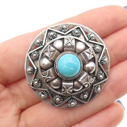 800 Silver Antique Art Deco Italy Real Turquoise Cannetille Oxidized Pin Brooch