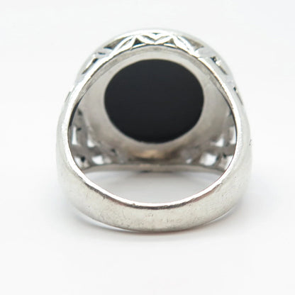 925 Sterling Silver Vintage Real Black Onyx Gem Round Ring Size 7.25