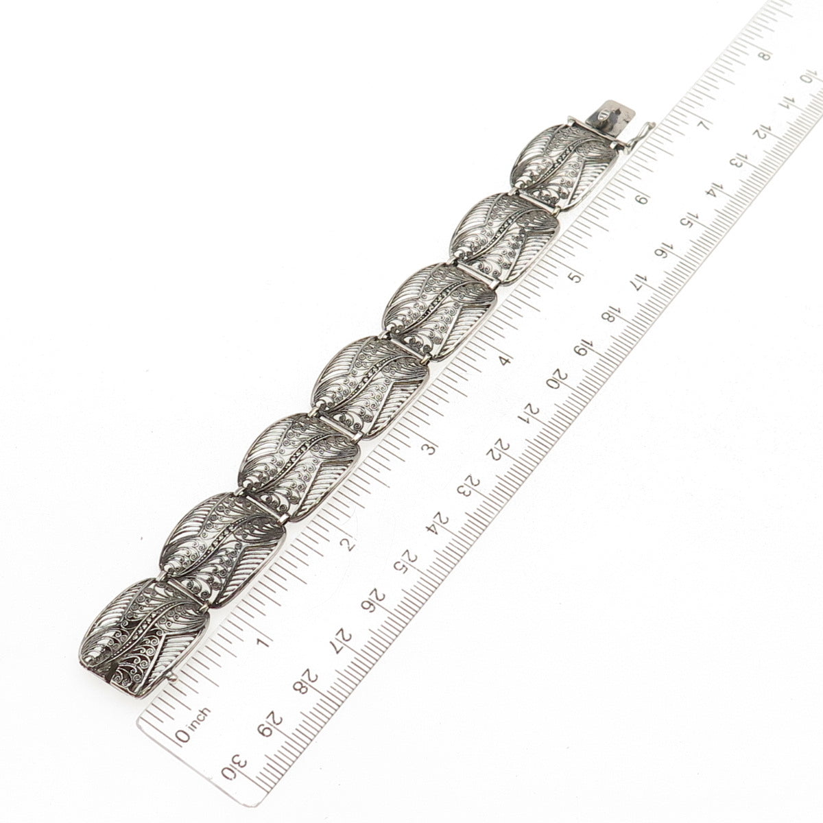 835 Silver Antique Art Deco Real Marcasite Filigree Panel Link Bracelet 6.5"