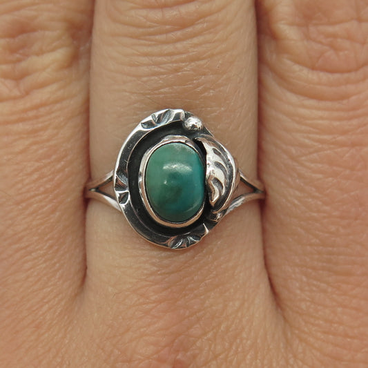 GFIS Sterling Silver Vintage Mexico Real Kingman Turquoise Floral Ring Size 9.25