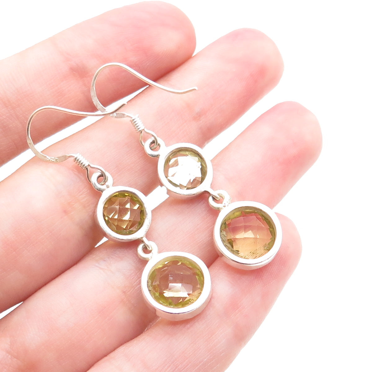 925 Sterling Silver Real Round-Cut Citrine Drop Dangle Earrings