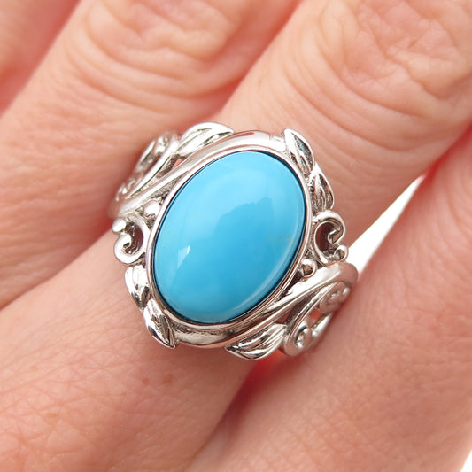 925 Sterling Silver Real Sleeping Beauty Turquoise Floral Ring Size 8