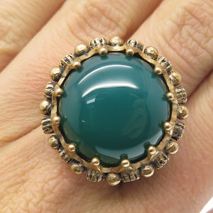925 Sterling Silver 2-Tone Vintage Real Green Onyx & C Z Tulip Ring Size 8
