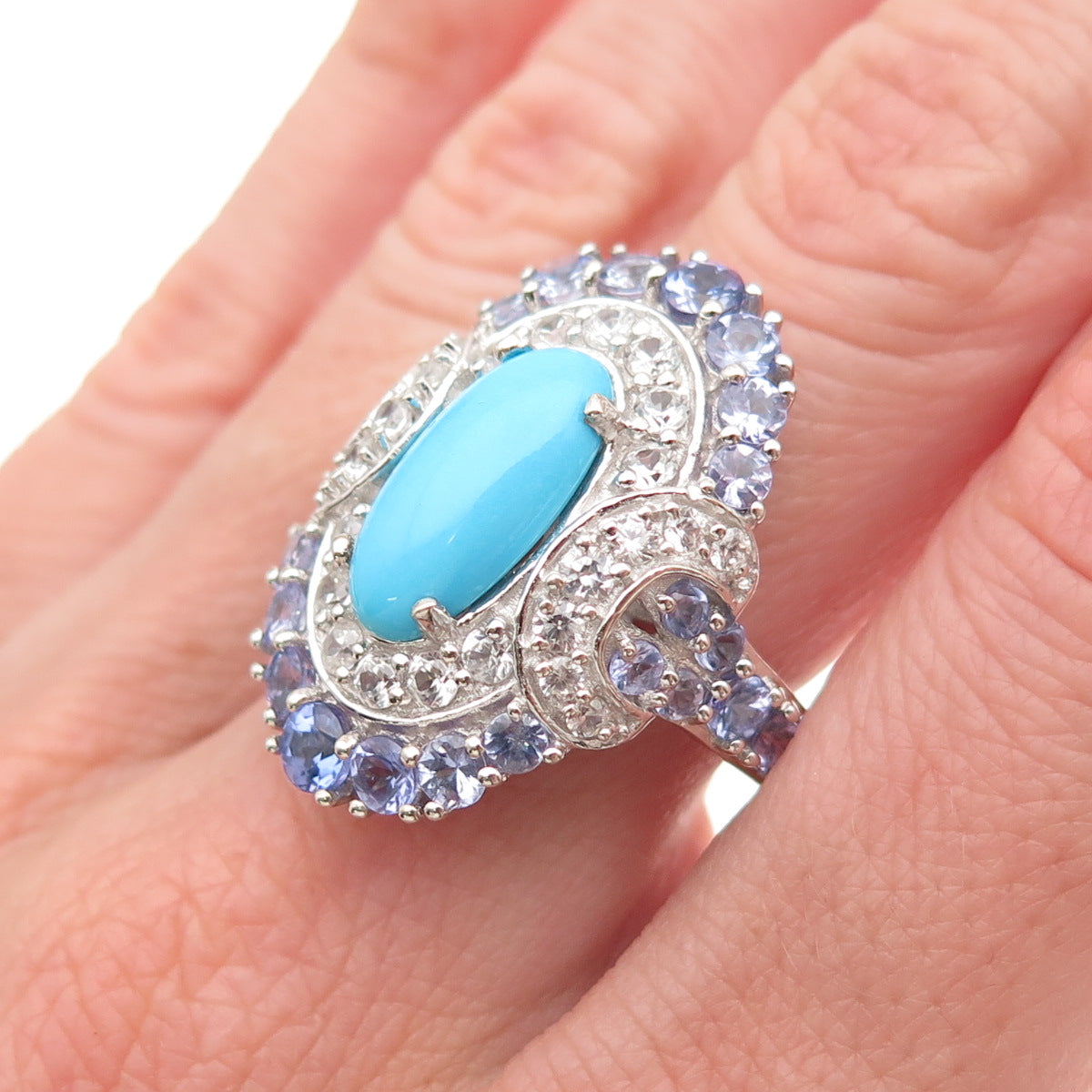 Chuck Clemency 925 Sterling Real Turquoise Tanzanite White Topaz Ring Size 8.25