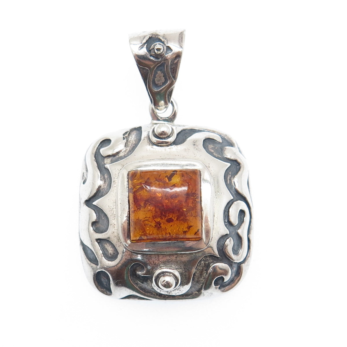 SILPADA 925 Sterling Silver Vintage Real Amber Ornate Oxidized Pendant
