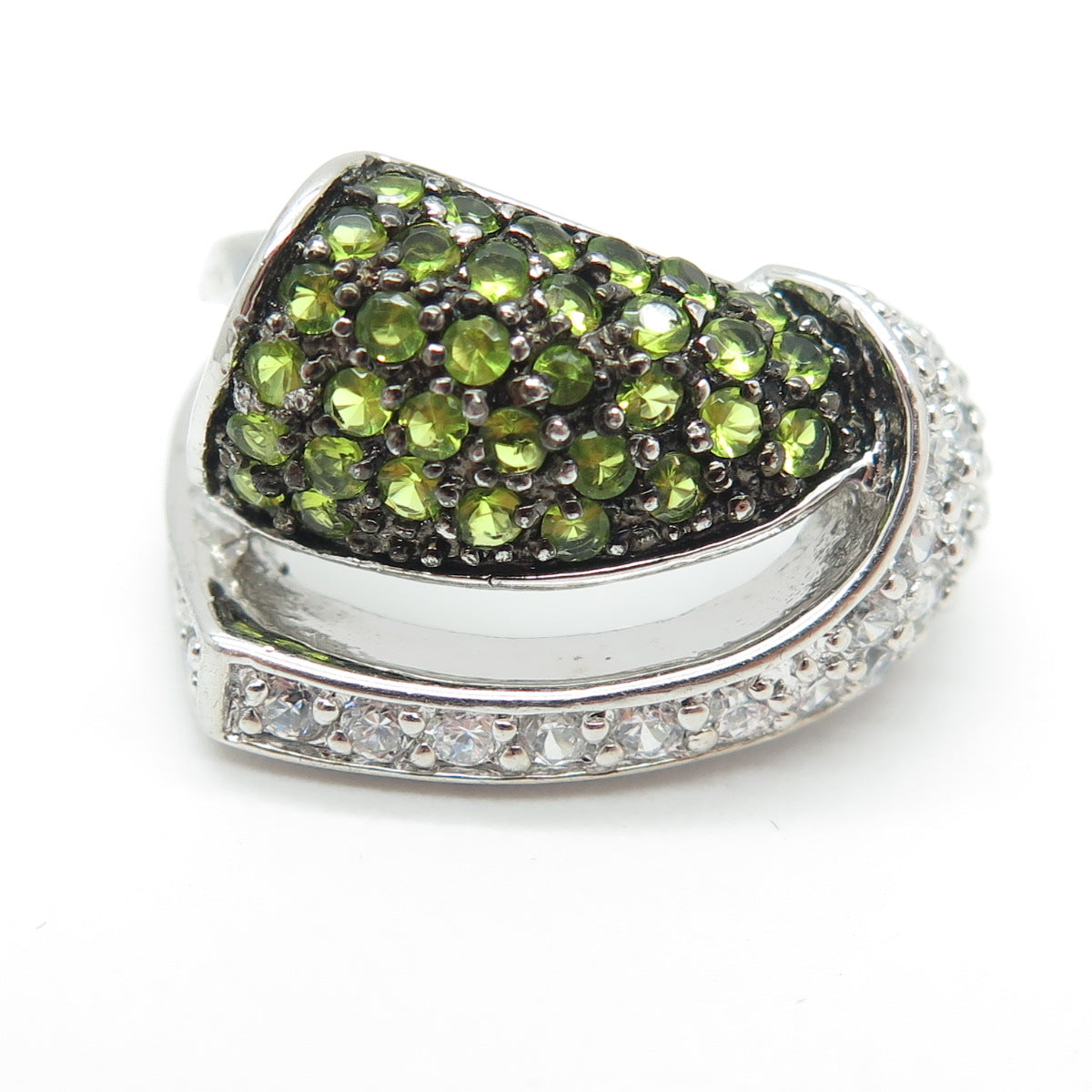 925 Sterling Silver Real Peridot Gemstone & C Z Modernist Ring Size 7