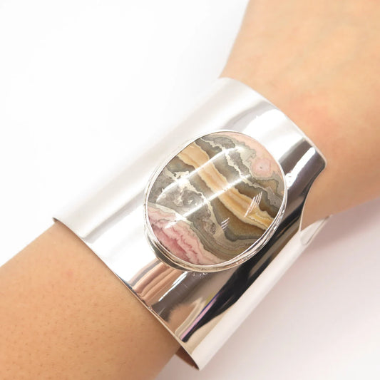 925 Sterling Silver Vintage Real Rhodochrosite Gem Wide Cuff Bracelet 7"