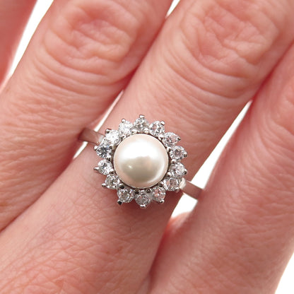 925 Sterling Silver Vintage Faux Pearl & Round-Cut C Z Ring Size 6.75