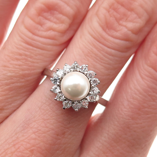 925 Sterling Silver Vintage Faux Pearl & Round-Cut C Z Ring Size 6.75
