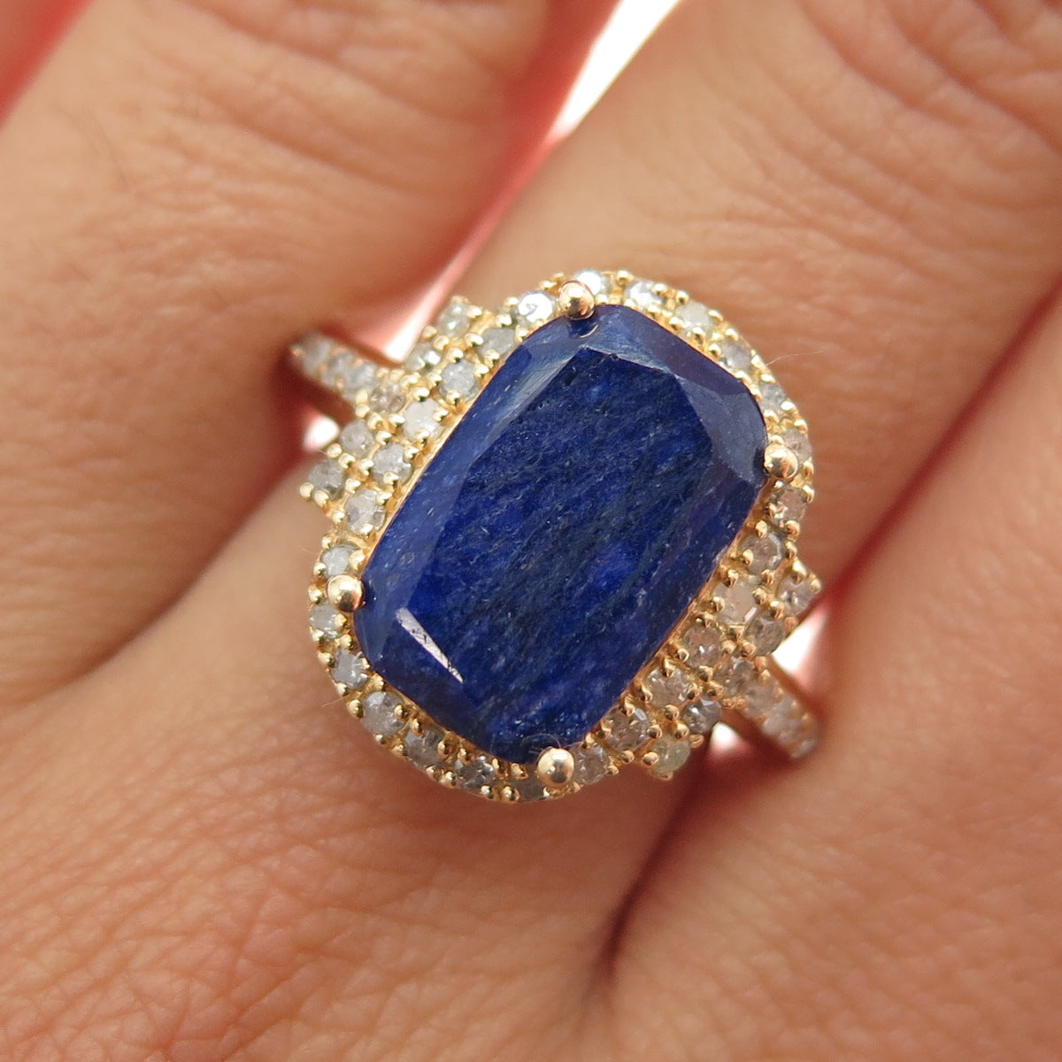 DSMK 925 Sterling Silver Gold Plated Real Diamond & Sapphire Ring Size 7.25