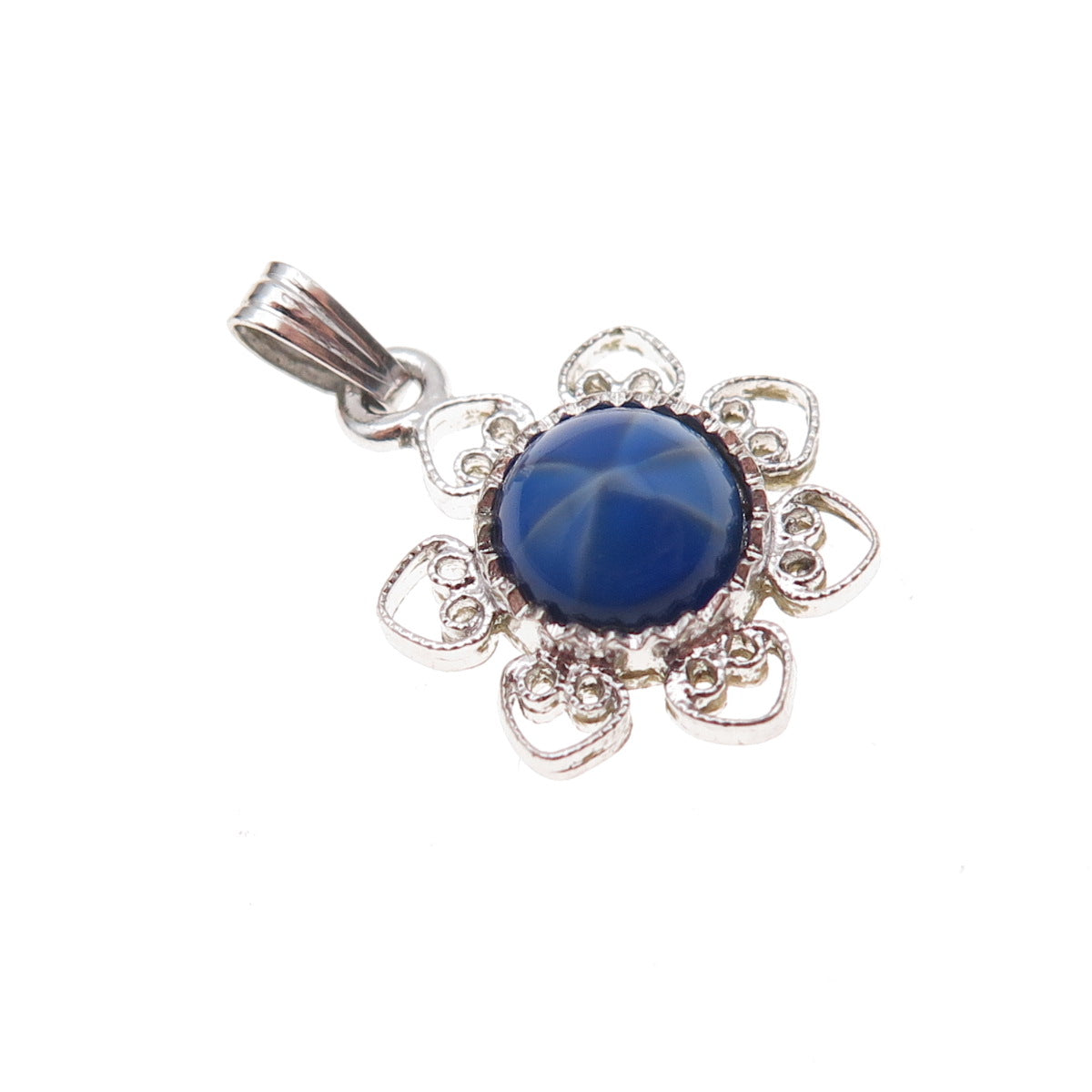 925 Sterling Silver Antique Art Deco Lab-Created Star Sapphire Floral Pendant