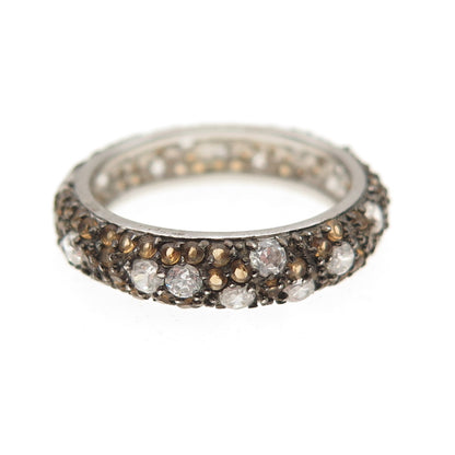 925 Sterling Silver Real Round-Cut Smoky Quartz & C Z Band Ring Size 6