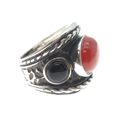 925 Sterling Silver Vintage WW Hong Kong Real Red Jade & Black Onyx Ring Size 6