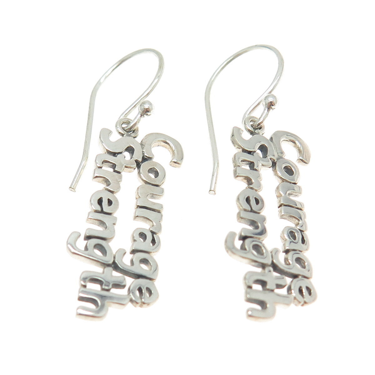 925 Sterling Silver "Courage Strength" Dangling Earrings