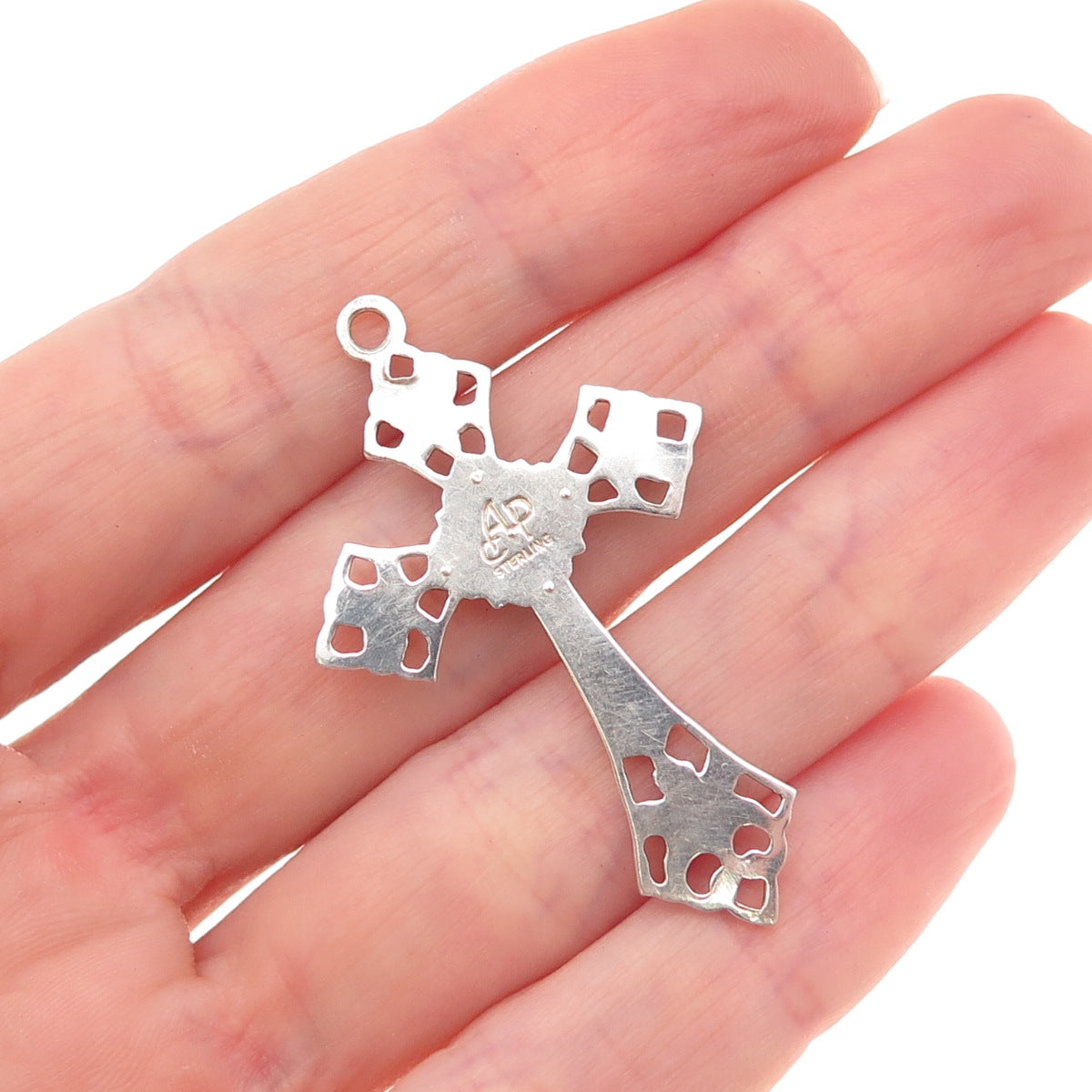 925 Sterling Silver Antique Art Deco Rhinestone Floral Cross Charm Pendant