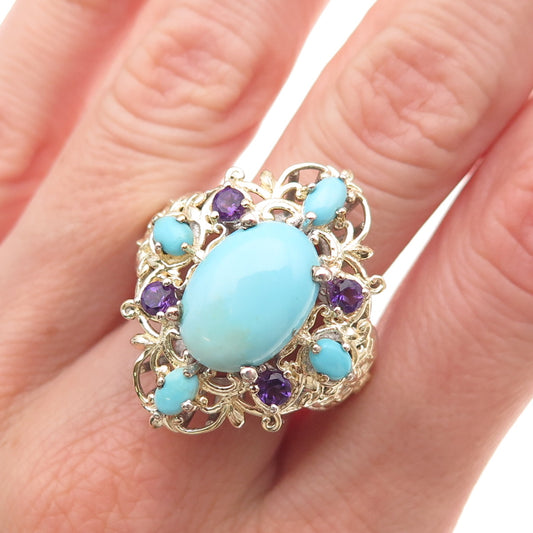 Chuck Clemency 925 Sterling Silver 2-Tone Real Turquoise Amethyst Ring Size 8.25