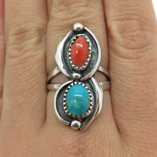 A.L. BECENTI NAVAJO Old Pawn 925 Sterling Silver Turquoise Coral Ring Size 7.25