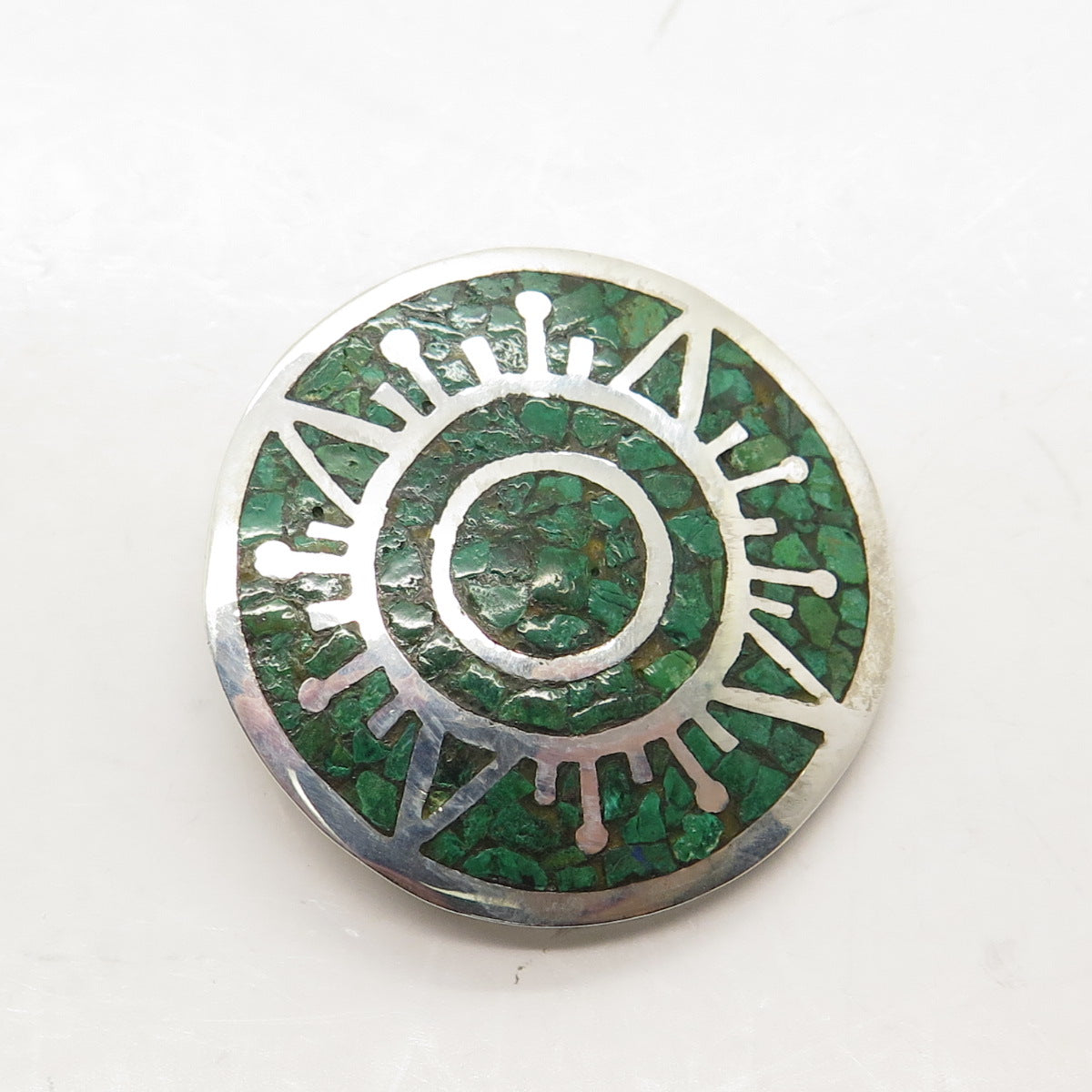 925 Sterling Silver Vintage Mexico Real Azurite Inlay Tribal Sun Brooch Pendant