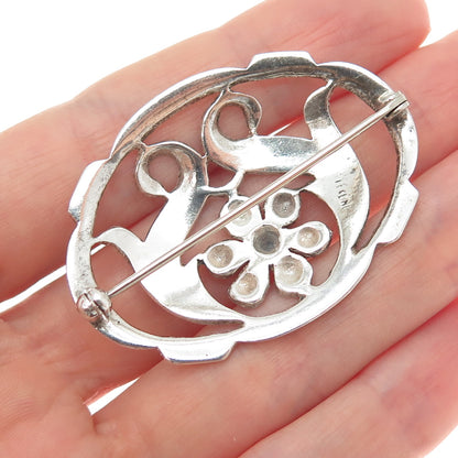 925 Sterling Silver Vintage Flower Blossom Oxidized Pin Brooch